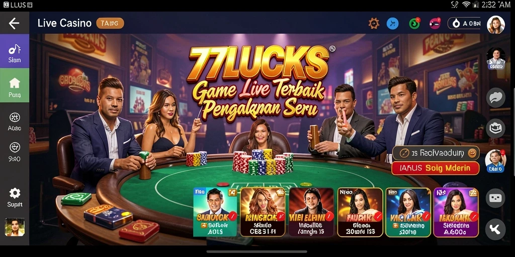 Screenshot gameplay 77LUCKS menampilkan dealer langsung dan suasana casino yang nyata.