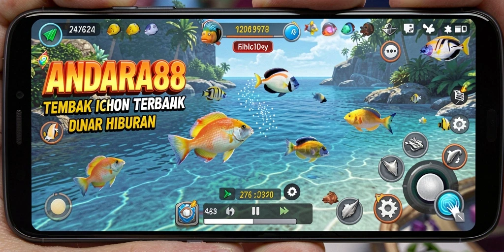Gameplay seru ANDARA88 dengan menembak ikan berwarna-warni.