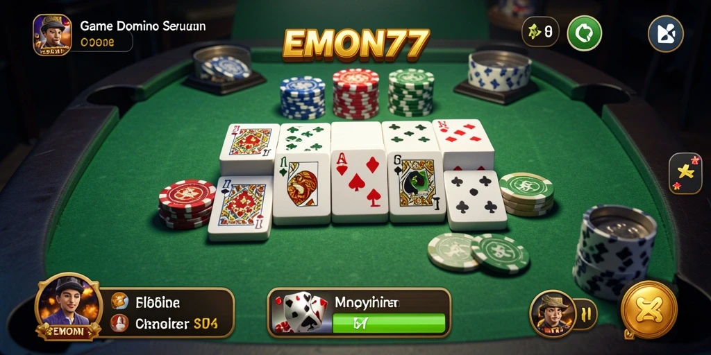 Tampilan gameplay menegangkan dari EMON77 dengan kartu domino yang dimainkan.