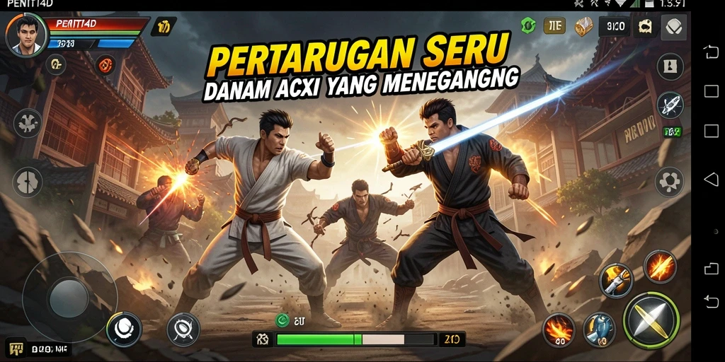 Screenshot utama PENITI4D menampilkan aksi bertarung yang seru dan dinamis.