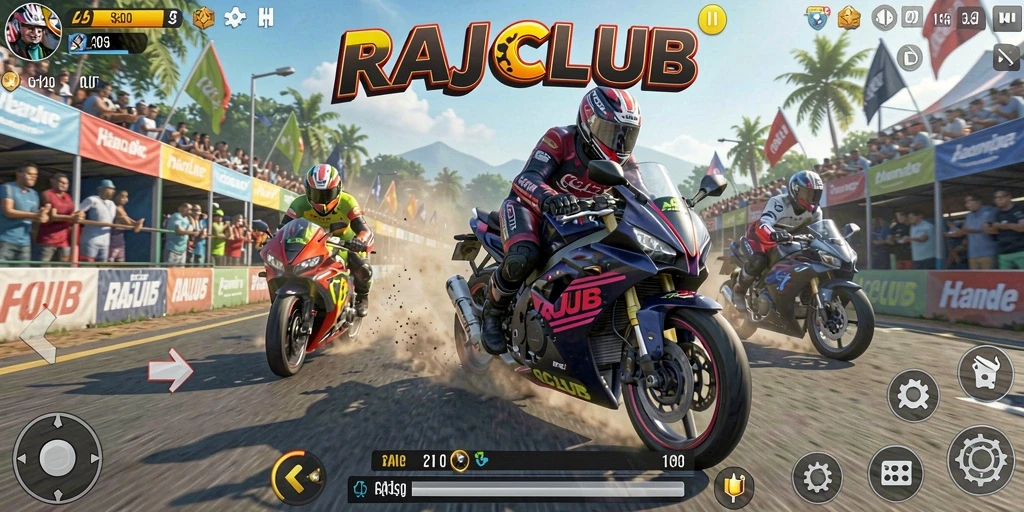 Screenshot gameplay RAJACLUB yang memperlihatkan aksi balapan motor.