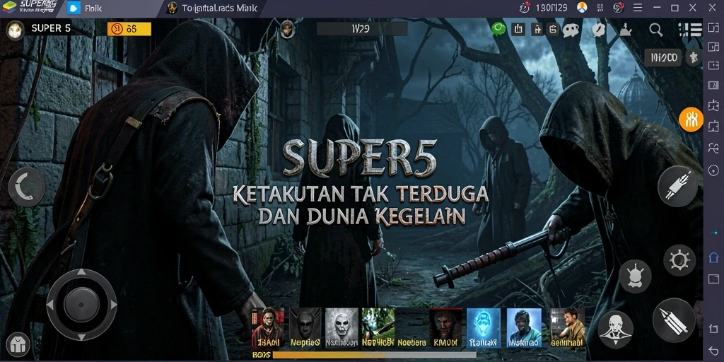 Screenshot gameplay SUPER5 menunjukkan suasana menyeramkan yang mendebarkan.